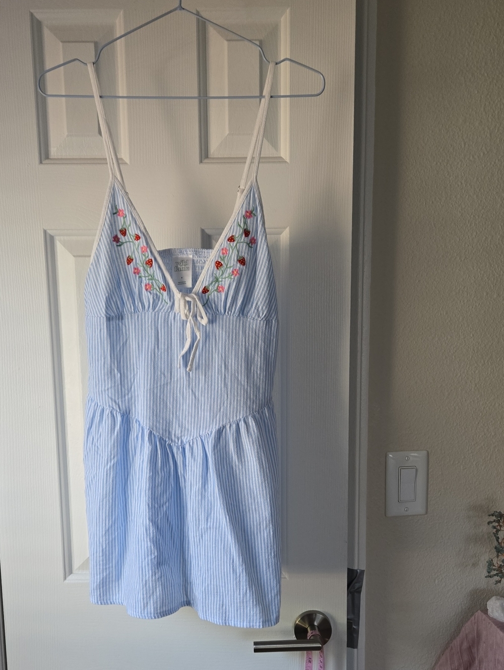 wild fable Light Blue & White Striped Embroidered Slip Dress